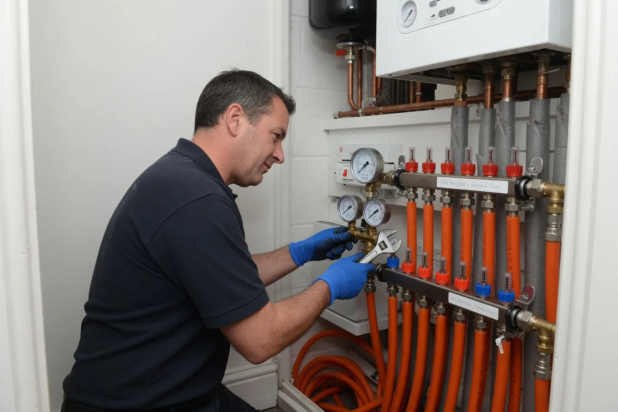Qualified heating engineer working in a boiler room